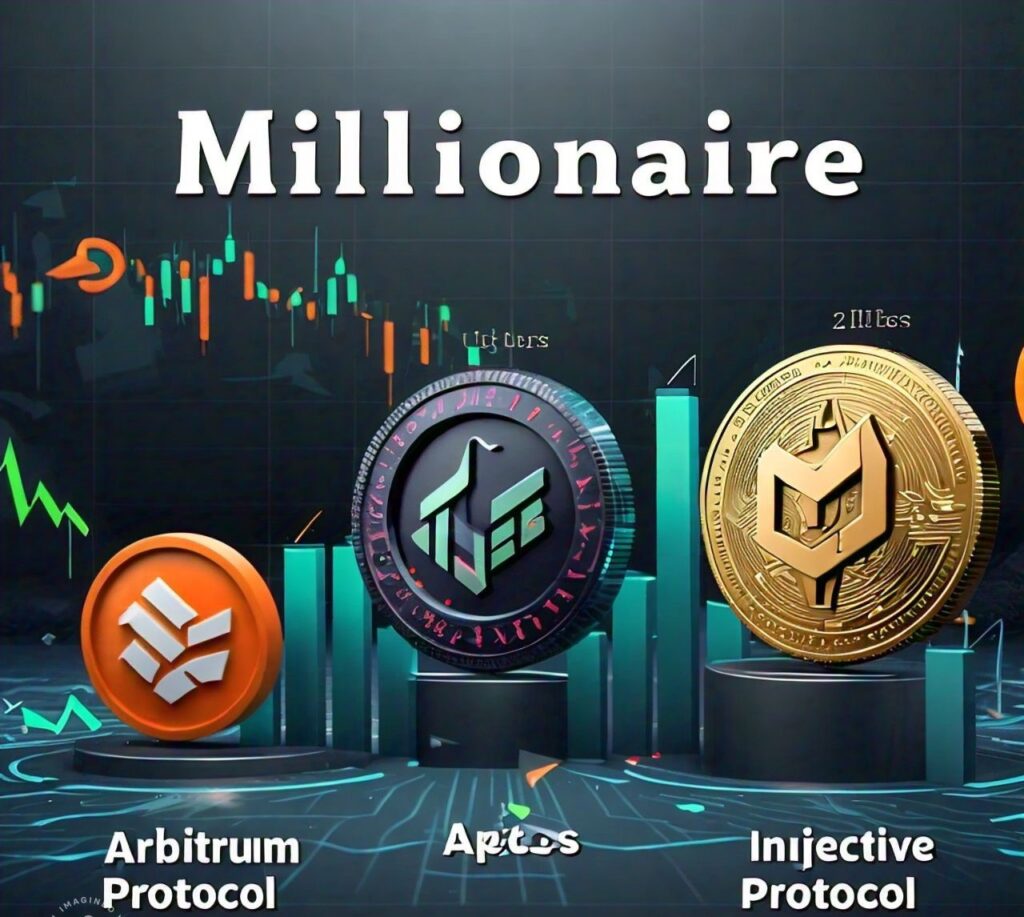 4 altcoins that could make you a millionaire by 2024, featuring Arbitrum, Injective Protocol, Hedera, and Aptos with visual elements of rising value and digital assets.






